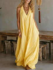 Women's cotton linen sleeveless loose pocket dress