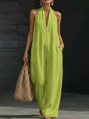 Women's Solid Color Cotton Linen Sleeveless Jumpsuit