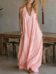 Women's cotton linen sleeveless loose pocket dress