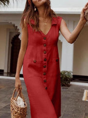 Women's V-neck single-breasted button-down dress