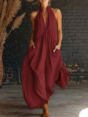 Women's sleeveless stand-up collar solid color long cotton linen boho dress