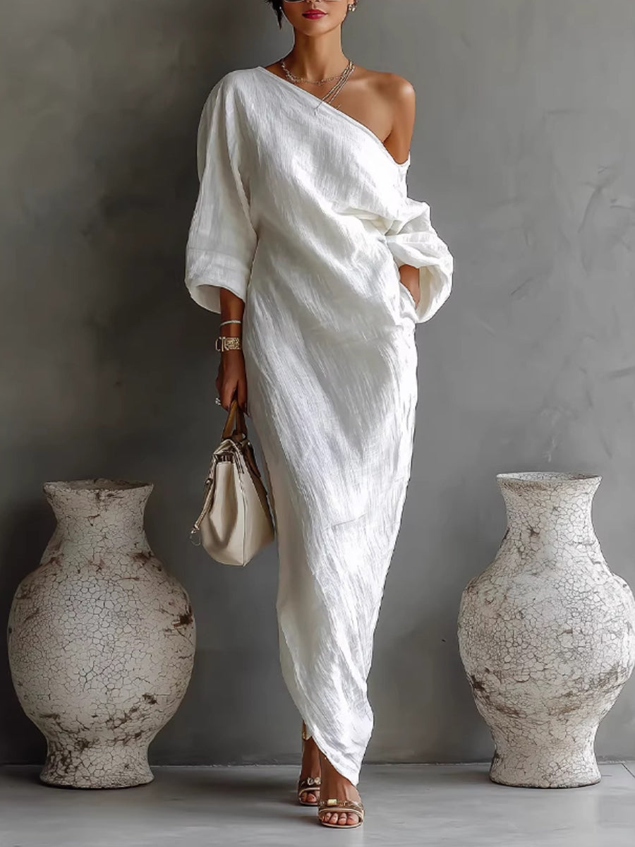 Women's long-sleeved off-shoulder mid-waist pullover dress