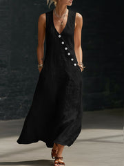 Women's V-neck button-down cotton linen sleeveless vest dress