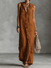 Women's casual loose sleeveless single-breasted cotton linen hooded dress