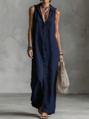 Women's casual loose sleeveless single-breasted cotton linen hooded dress
