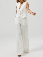 Women's Fashion Vest Splicing Solid Color Cotton and Linen Casual Suit