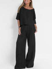 Women's Cotton And Linen Solid Color Two-Piece Suit