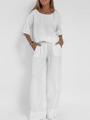 Women's Cotton And Linen Solid Color Two-Piece Suit