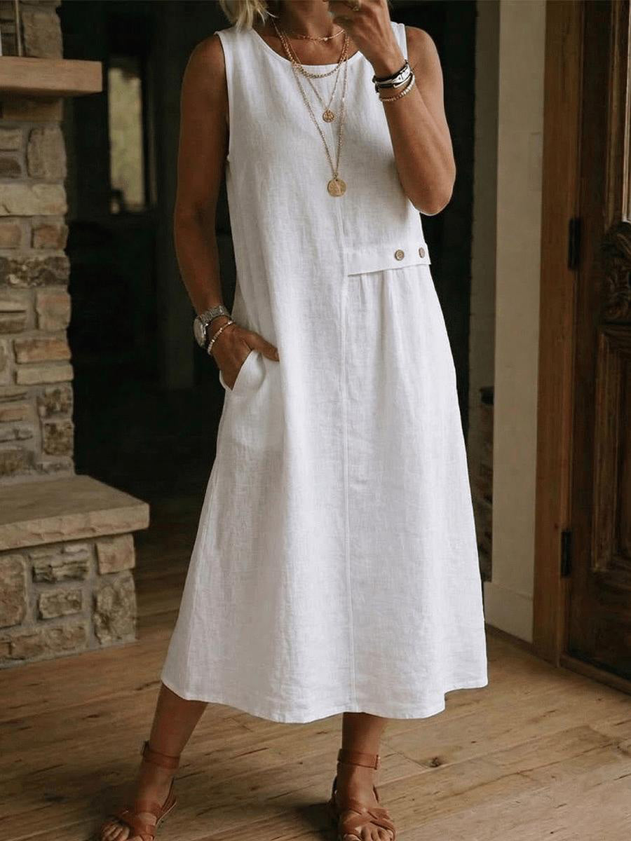 Women's Simple Solid Color Cotton Linen Sleeveless Dress