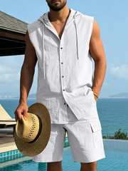 Men's Linen Hooded Sleeveless Shirt And Work Shorts Two-Piece Set