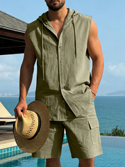 Men's Linen Hooded Sleeveless Shirt And Work Shorts Two-Piece Set