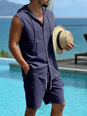 Men's Linen Hooded Sleeveless Shirt And Work Shorts Two-Piece Set