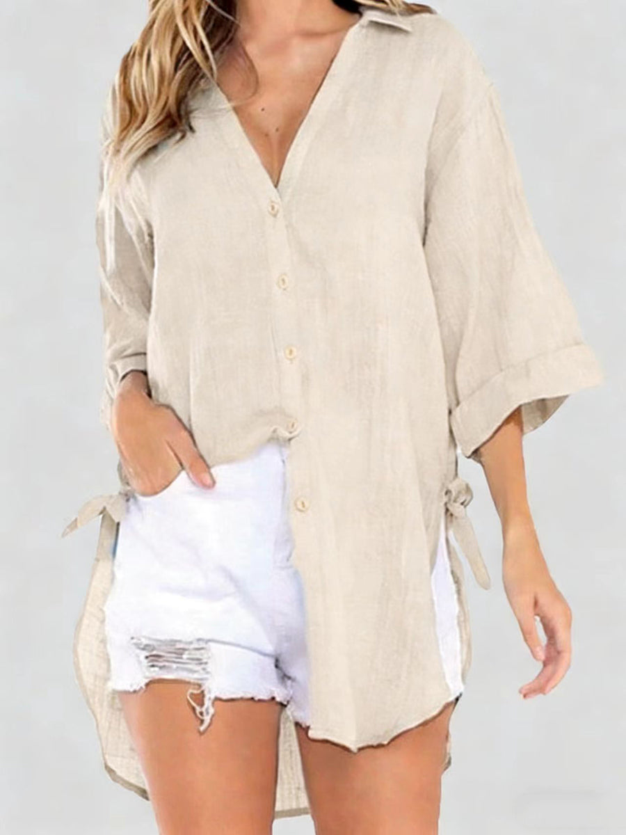 Women's Solid-Color V-Neck Casual Shirt