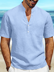 Men's Loose Casual Linen Commuter Breathable Henry V-Neck Short Sleeve Shirt