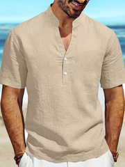 Men's Loose Casual Linen Commuter Breathable Henry V-Neck Short Sleeve Shirt