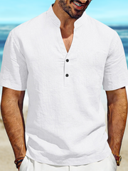 Men's Loose Casual Linen Commuter Breathable Henry V-Neck Short Sleeve Shirt
