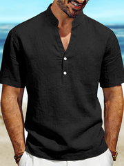 Men's Loose Casual Linen Commuter Breathable Henry V-Neck Short Sleeve Shirt
