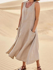 Women's Casual Elegant Sleeveless Cotton Midi Dress