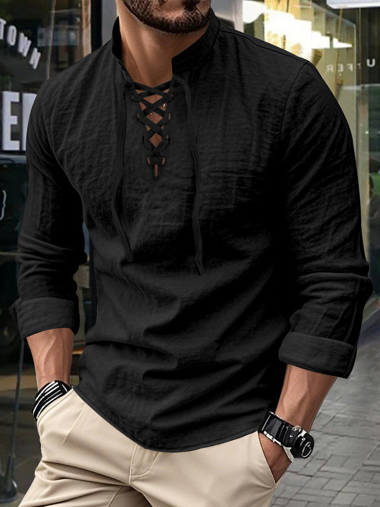 Men's Vintage Long Sleeved V-neck Linen Tops