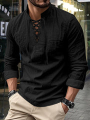 Men's Vintage Long Sleeved V-neck Linen Tops