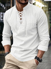 Men's Vintage Long Sleeved V-neck Linen Tops