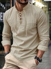 Men's Vintage Long Sleeved V-neck Linen Tops