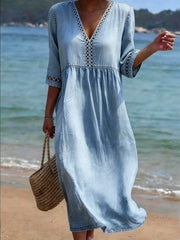 Women's V-Neck Openwork Shirt Dress