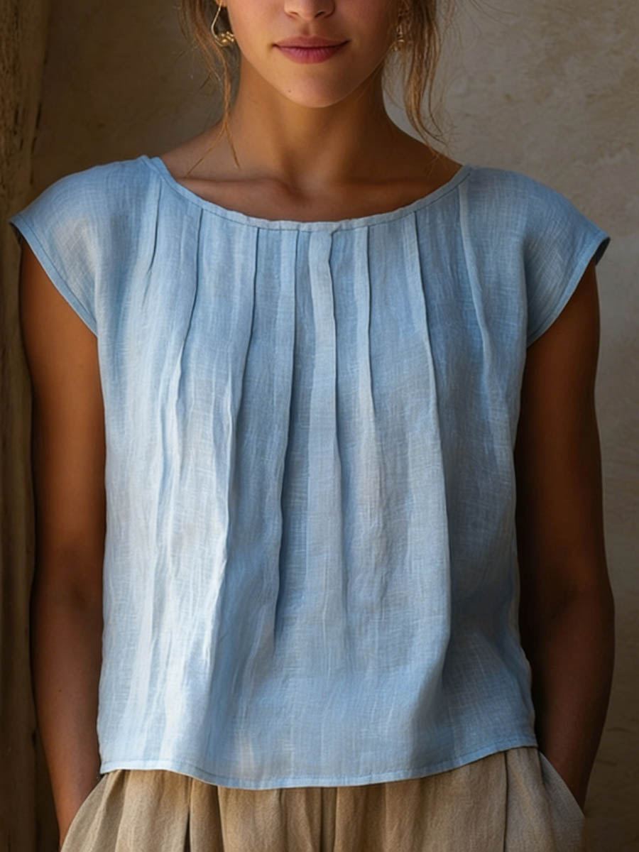 Women's Sleeveless Pleated Round Neck Top