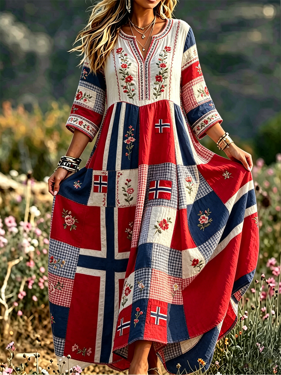 Women's Nordic Scandinavian Style Floral Art Printed Linen Dress