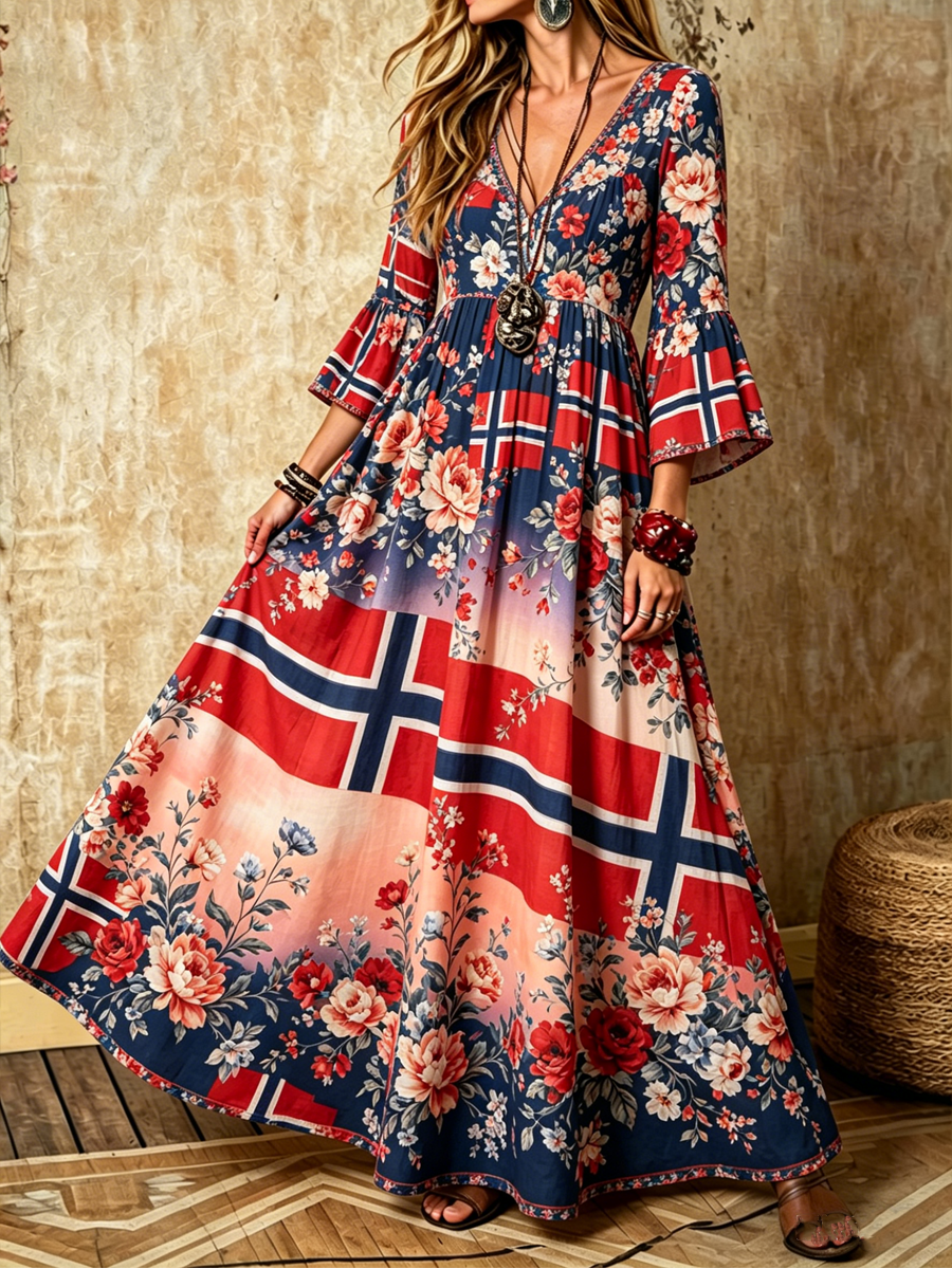 Women's Nordic Scandinavian Style Floral Art Printed V-neck dress with pockets
