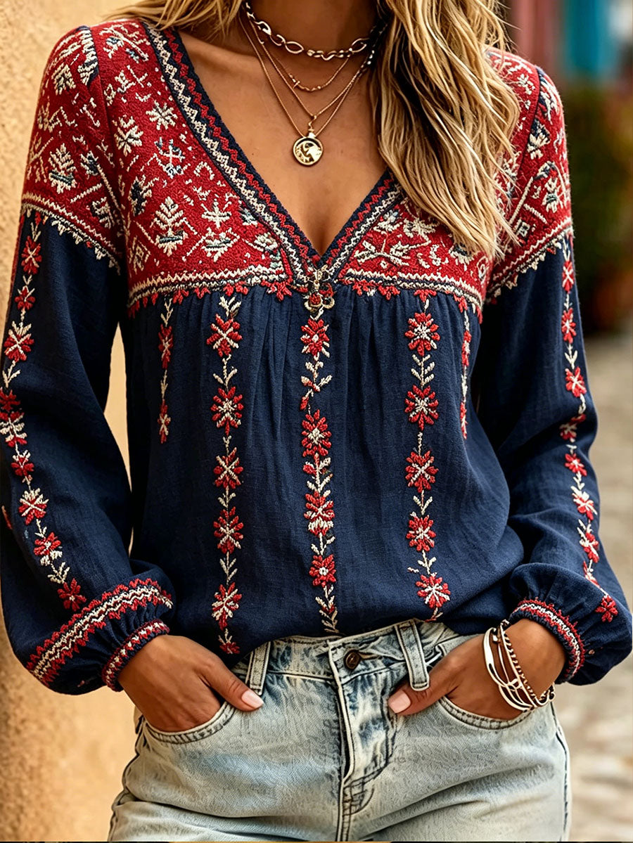 Women's Nordic Scandinavia Style Floral Art Printed Linen Tops