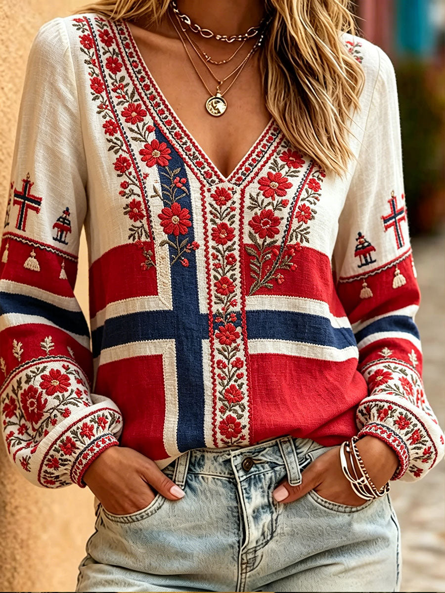 Women's Nordic Scandinavia Style Floral Art Printed Linen Tops