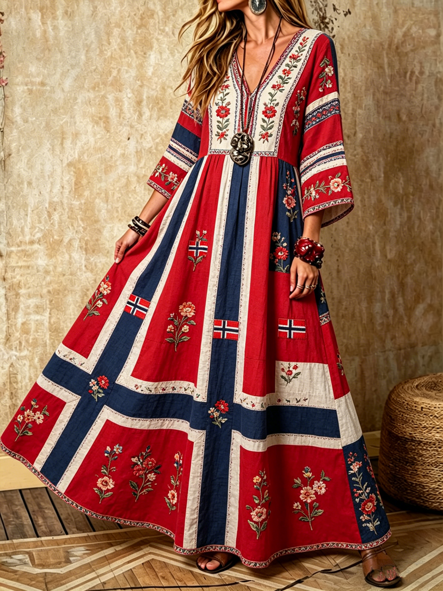 Women's Nordic Scandinavian Style Floral Art Printed V-neck dress with pockets