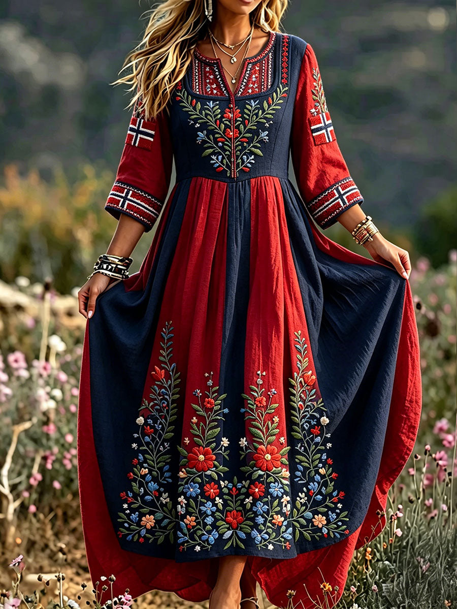 Women's Scandinavian Style Norway Art Printed Linen Dresses
