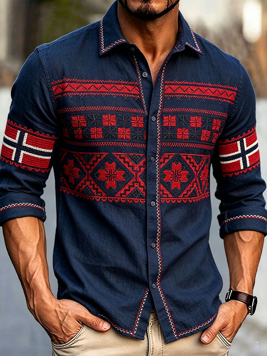 Men's Scandinavian Style Norway Art Printed Linen Shirt