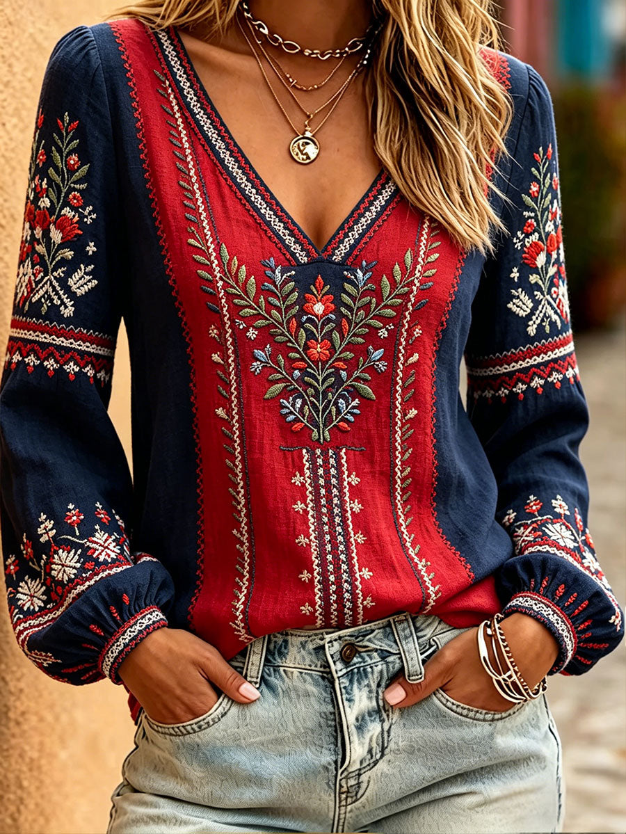 Women's Nordic Scandinavia Style Floral Art Printed Linen Tops