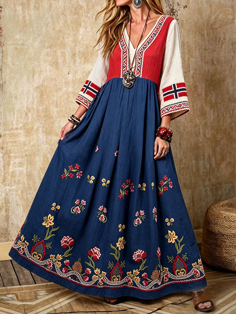 Women's Nordic Scandinavian Style Floral Art Printed Linen Dress