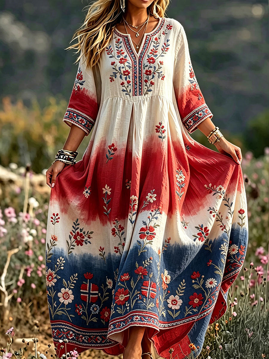 Women's Nordic Scandinavian Style Floral Art Printed Linen Dress
