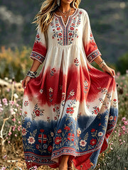 Women's Nordic Scandinavian Style Floral Art Printed Linen Dress