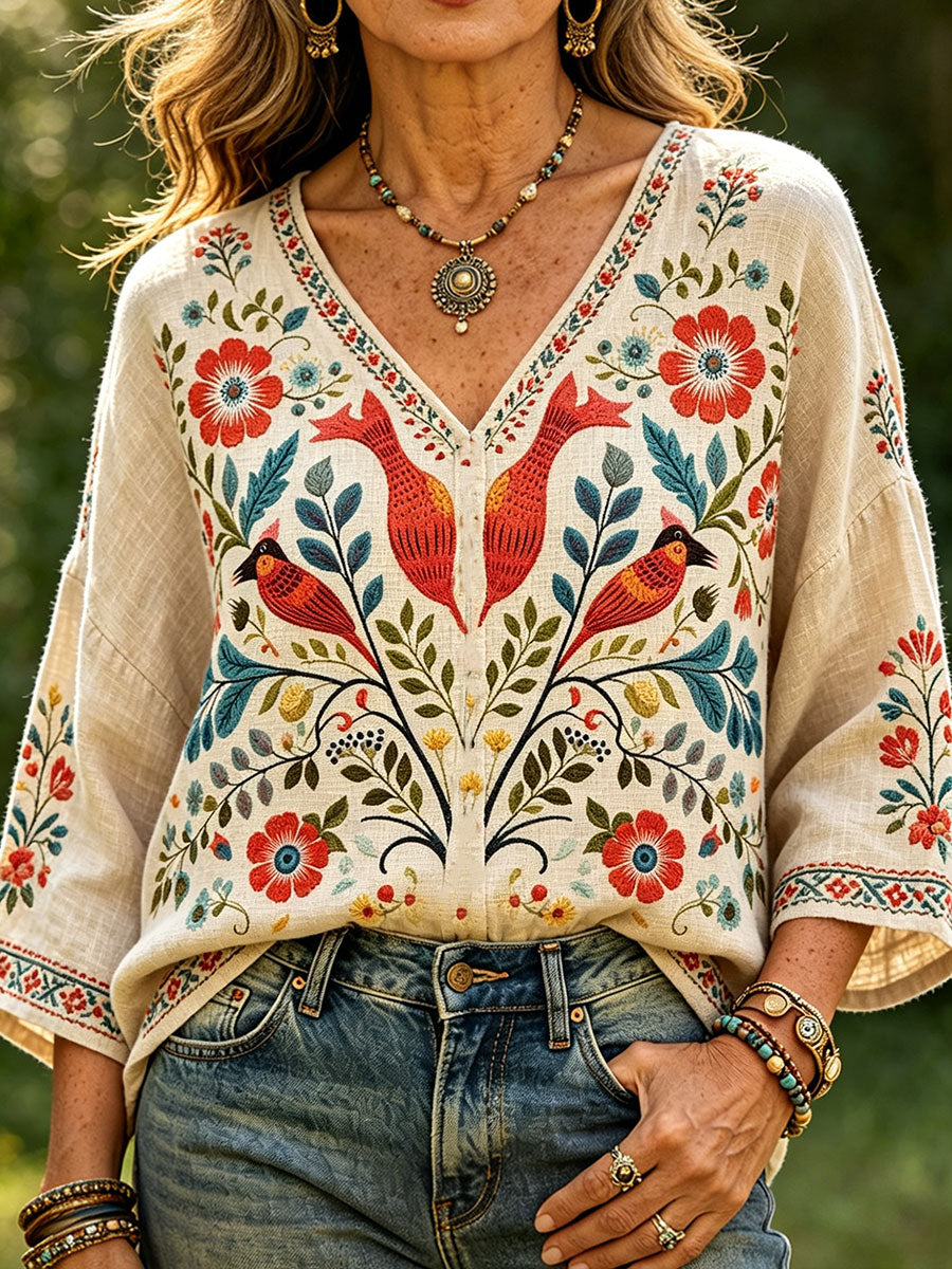Women's Scandinavian Style Art Printed Linen Tops