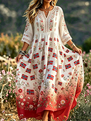 Women's Nordic Scandinavian Style Floral Art Printed Linen Dress