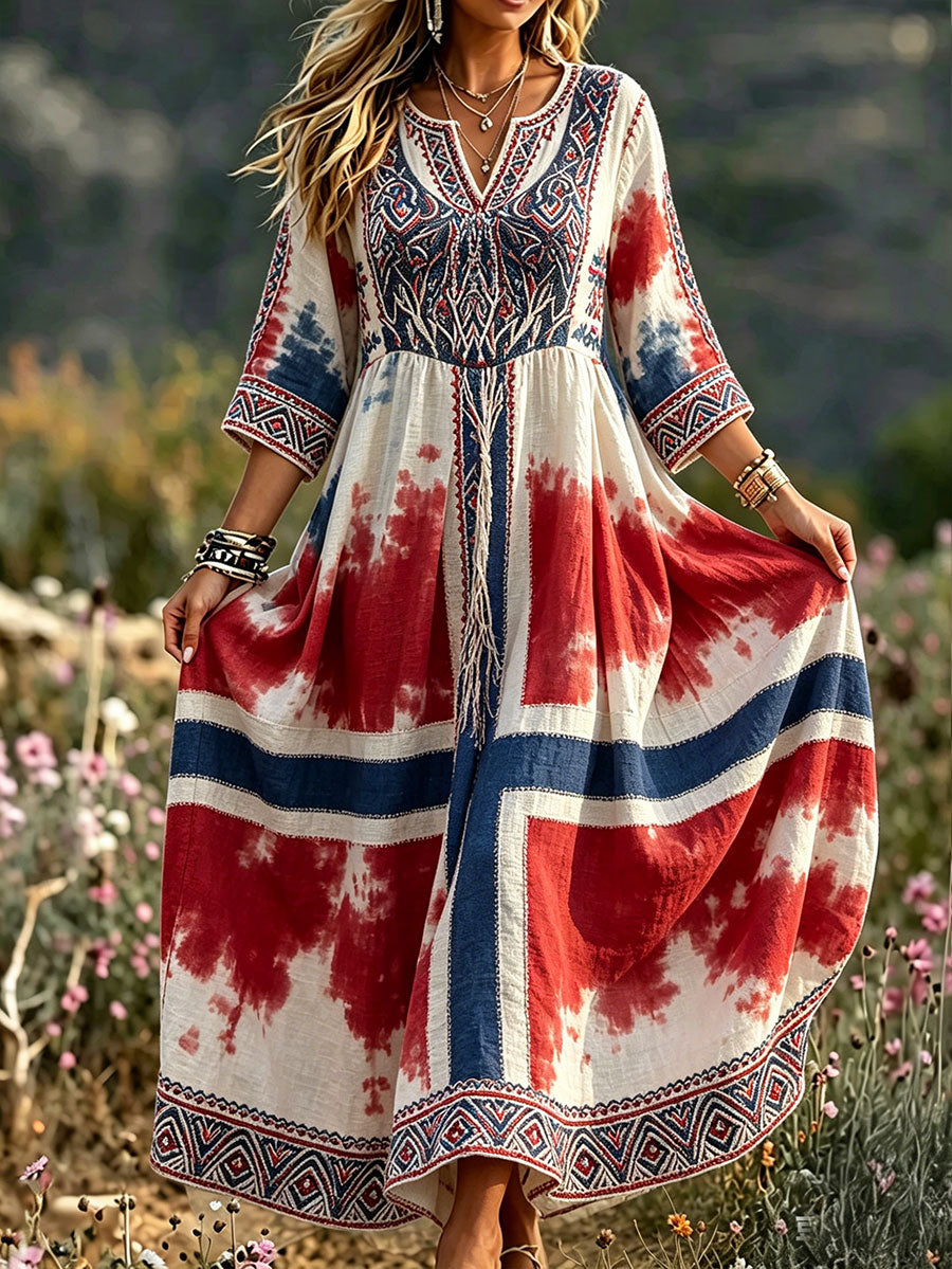 Women's Nordic Scandinavian Style Floral Art Printed Linen Dress