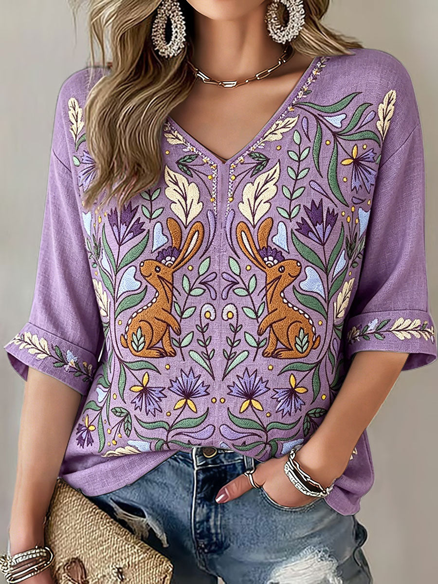 Women's Scandinavian Style Art Printed Linen Tops