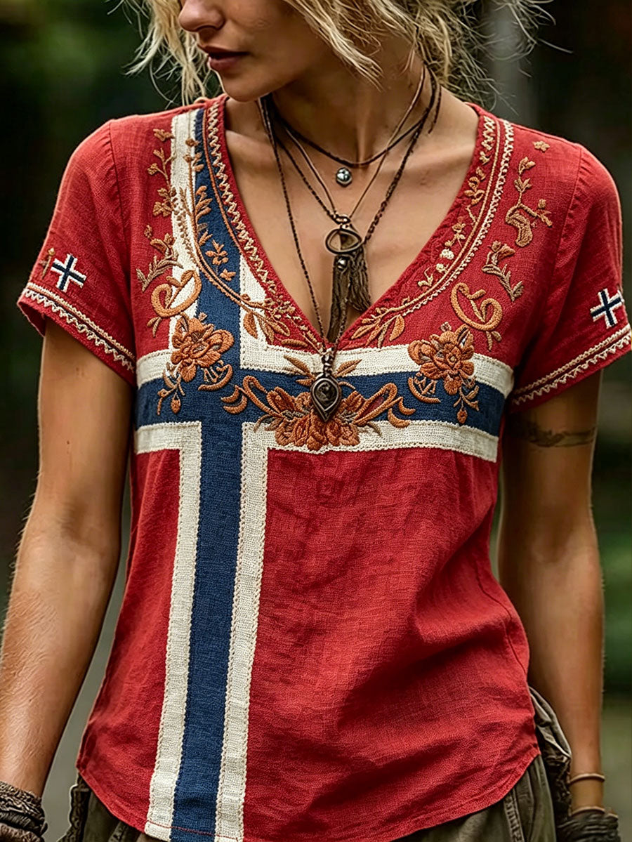 Women's Nordic Scandinavia Style Floral Art Printed Linen Tops