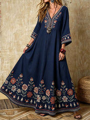 Women's Nordic Scandinavian Style Floral Art Printed Linen Dress