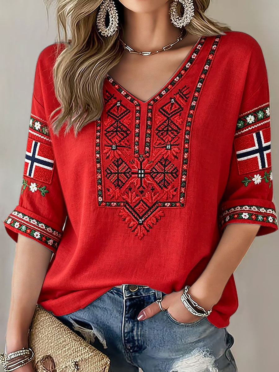 Women's Scandinavian Style Art Norway Printed Linen Tops