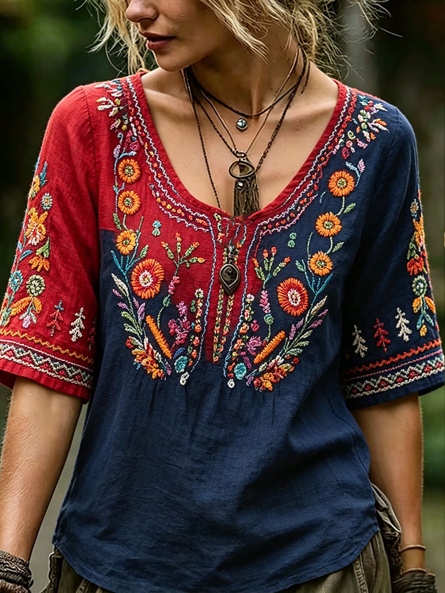 Women's Nordic Scandinavia Style Floral Art Printed Linen Tops