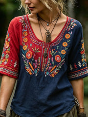 Women's Nordic Scandinavia Style Floral Art Printed Linen Tops
