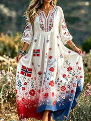 Women's Nordic Scandinavian Style Floral Art Printed Linen Dress