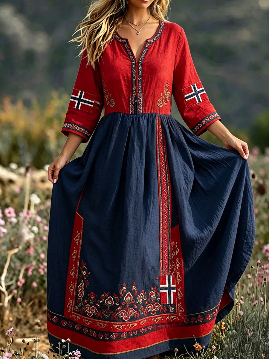 Women's Scandinavian Style Art Norway Printed Linen Dress